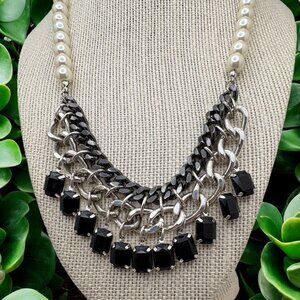 Vintage Silver Tone Chain Faux Pearl Black Bead Necklace With Silver Tone Chain